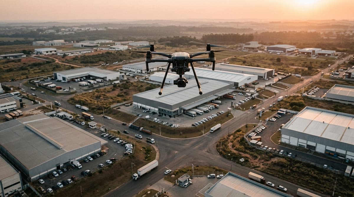 Drone profissional sobrevoando o panorama de uma area industrial brasileira ao entardecer durante uma filmagem corporativa