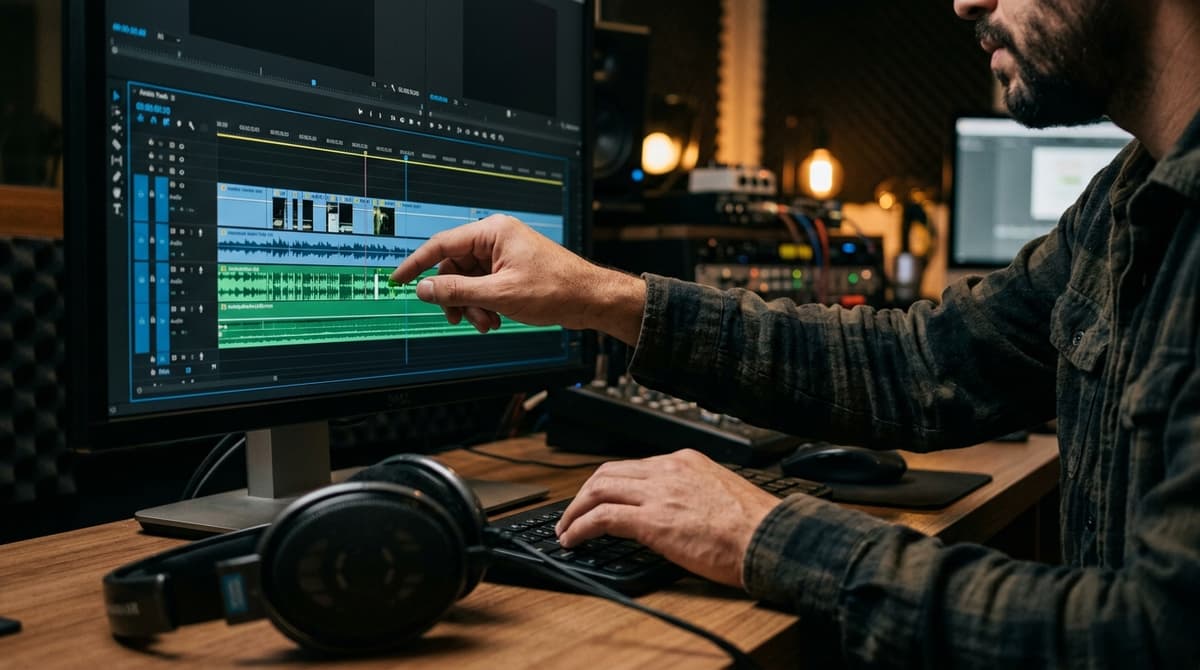 Editor ajustando faixas de áudio e formas de onda na timeline de edição