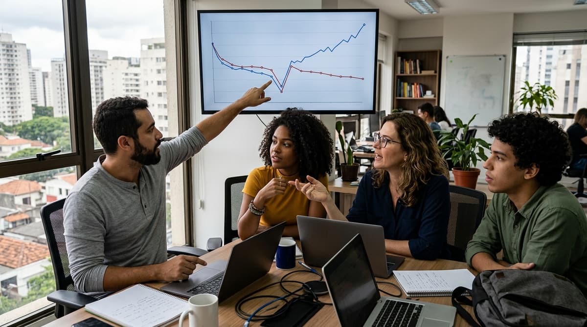 Equipe de marketing analisando gráfico de retenção de audiência de um vídeo em reunião