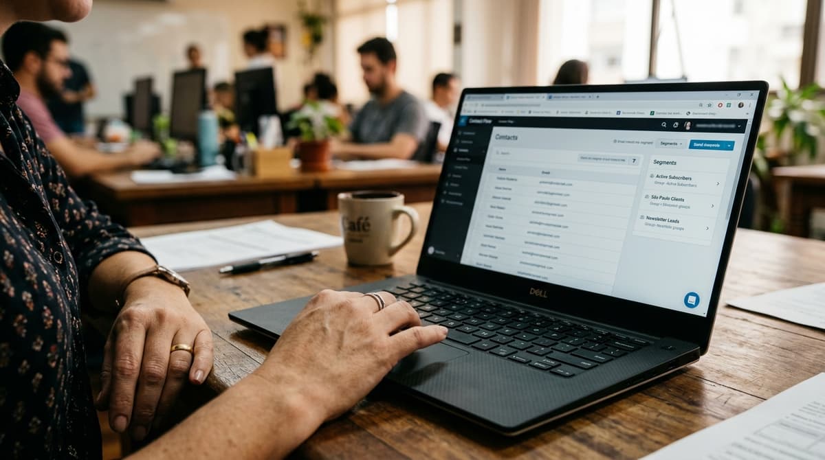 Tela de notebook mostrando o painel de uma campanha de email marketing com lista de contatos