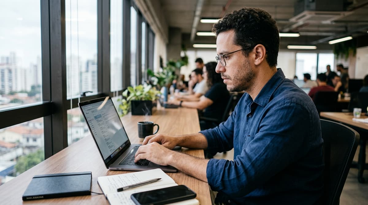 Profissional de marketing escrevendo e revisando o assunto de um e-mail em escritório brasileiro