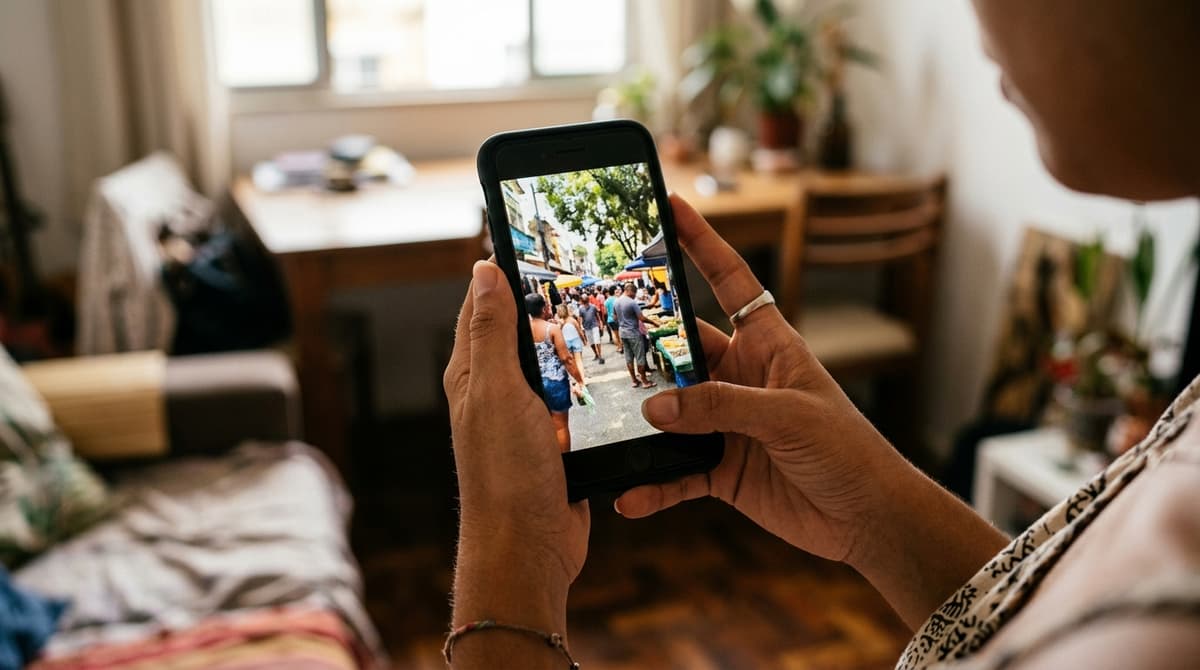 Pessoa segurando celular com Reels do Instagram em tela cheia, formato vertical de vídeo para anúncio