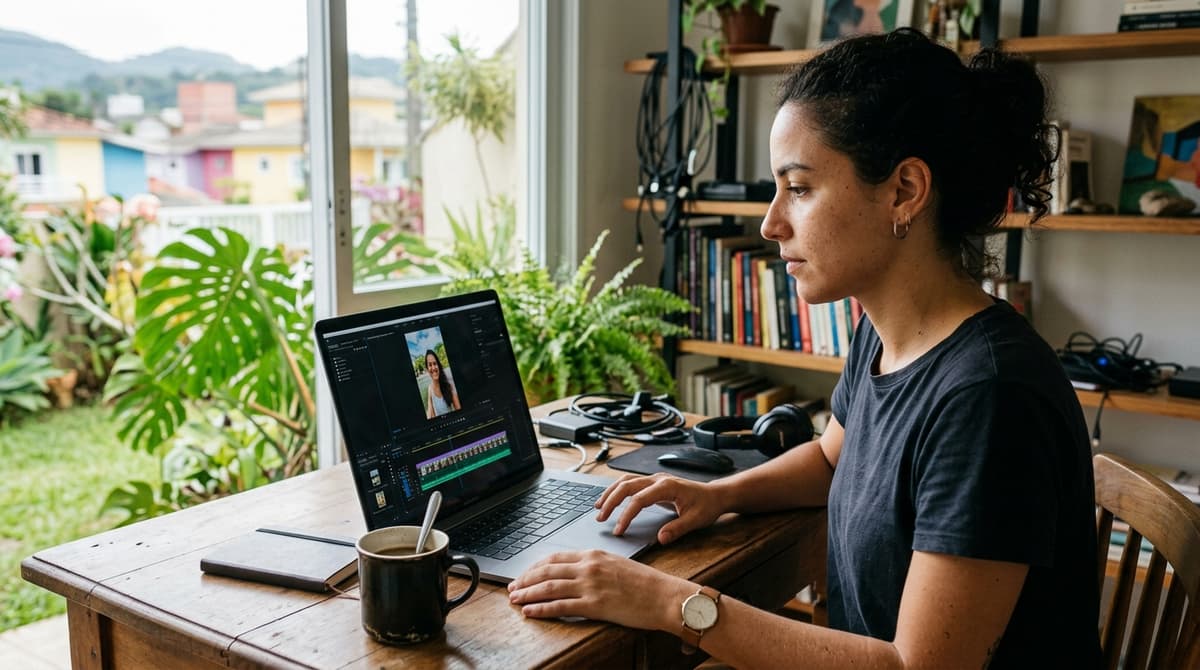 Editor de vídeo em um notebook mostrando o enquadramento vertical com a área central reservada para textos