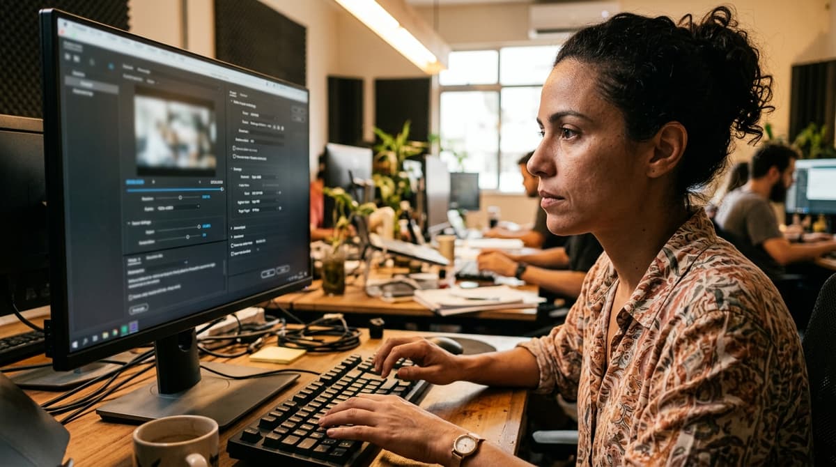 Profissional revisando configurações de exportação de vídeo em software de edição, com painel de resolução e formato visível