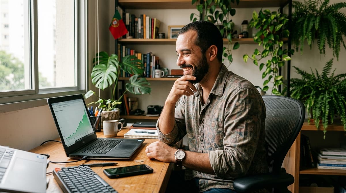 Dono de pequena empresa comemorando uma venda online ao acompanhar conversões no painel do computador
