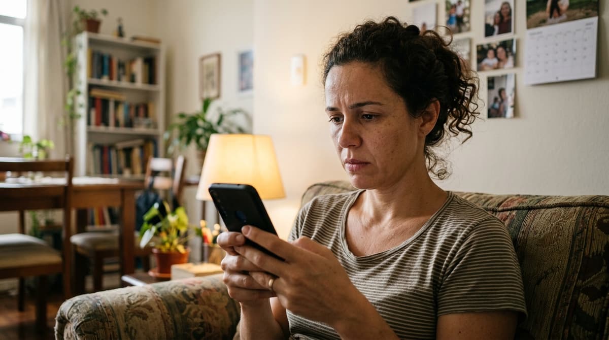 Pessoa segurando smartphone com resultado de busca por clínica enquanto está em casa