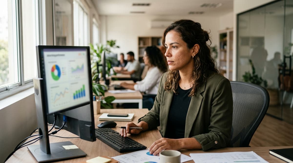 Gestora de marketing analisando relatório de conversões de campanha em uma tela de computador