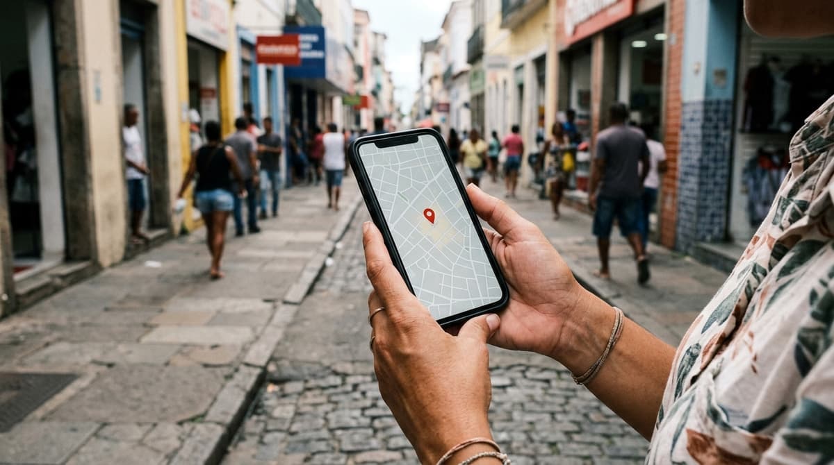 Cliente segurando um celular que mostra o mapa com o pino de uma loja local no Google Maps