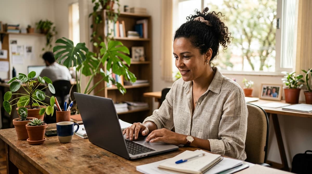 Empreendedora respondendo a avaliações de clientes no perfil da empresa pelo computador