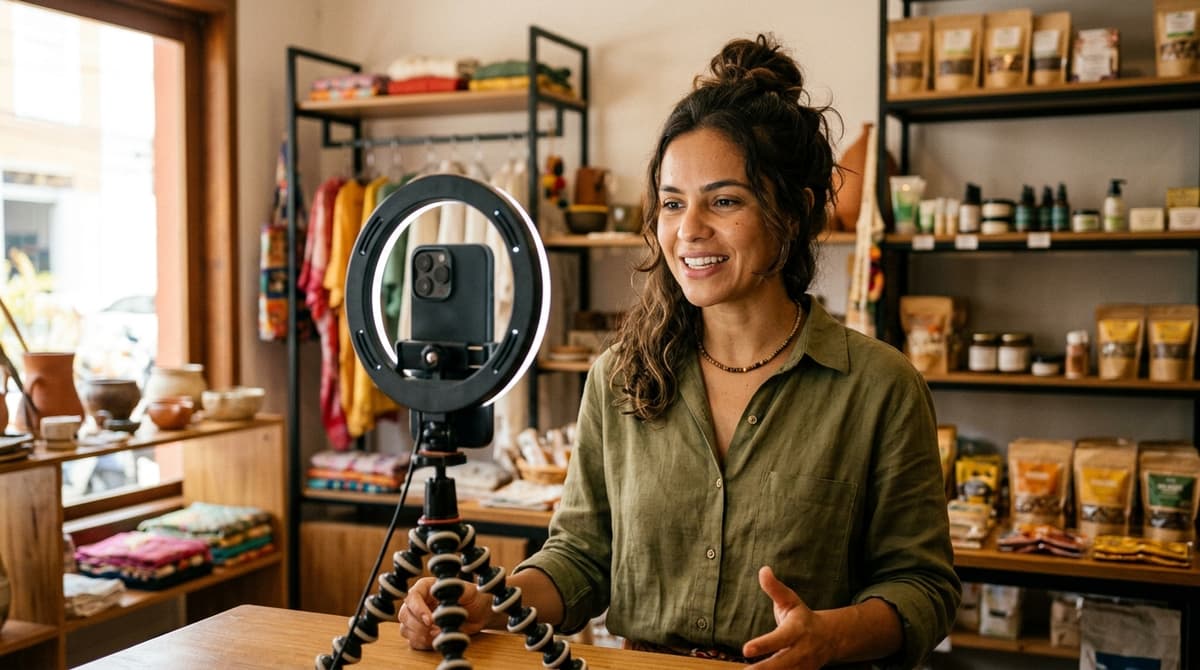 Empreendedora brasileira gravando um vídeo curto vertical com smartphone em um tripé dentro da própria loja