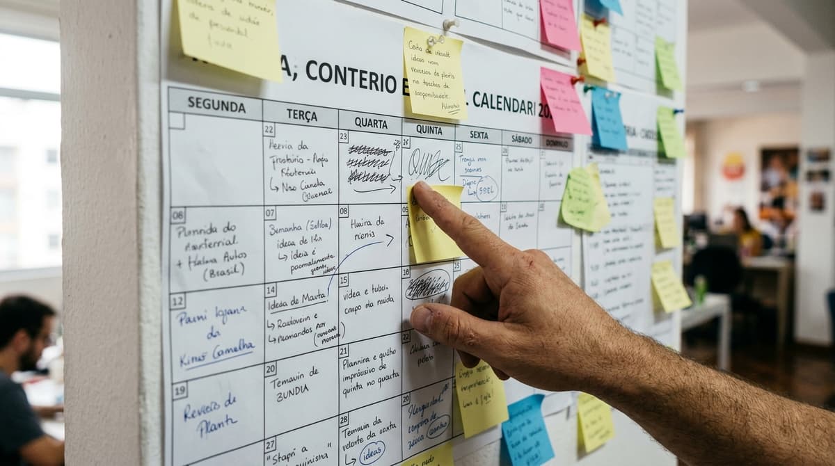 Painel de planejamento de conteúdo com calendário semanal de publicações de vídeo afixado em uma parede de escritório
