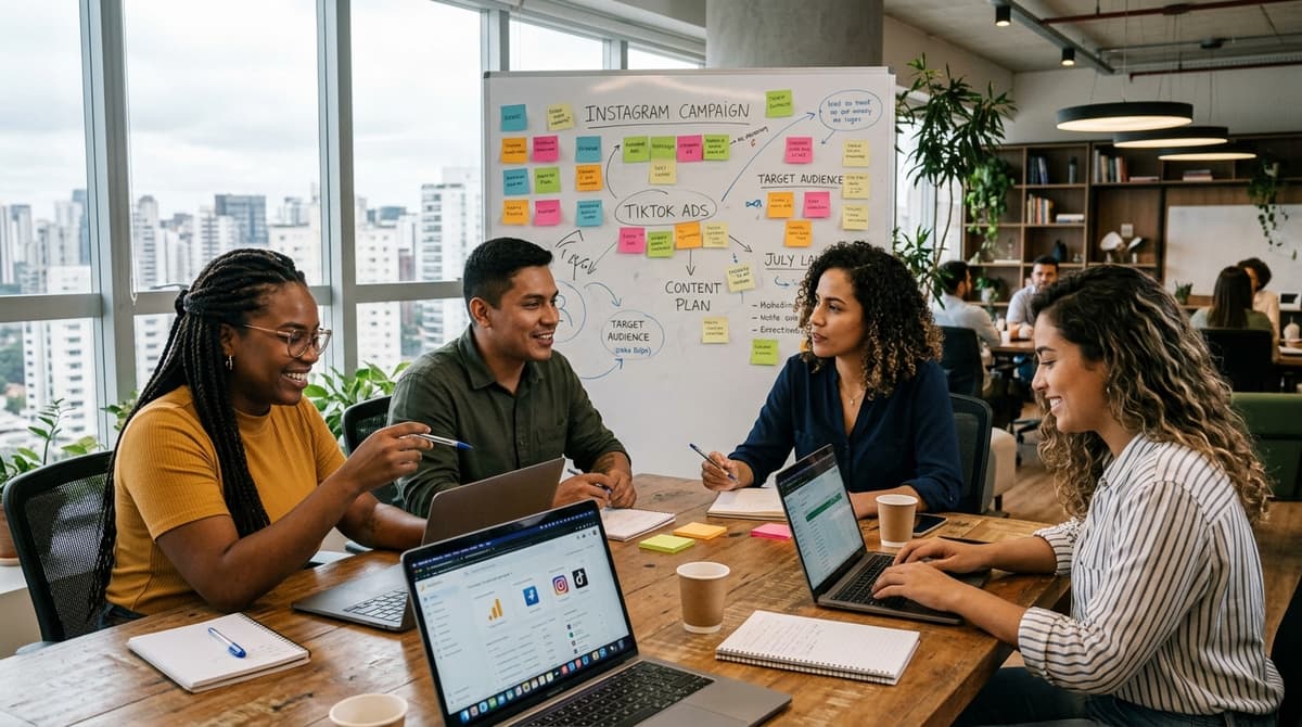 Equipe de marketing de uma pequena empresa brasileira planejando campanhas digitais em uma sala de reunião