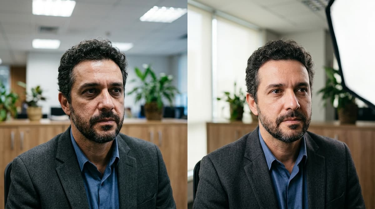 Comparação visual de empresário gravado com luz dura de teto criando sombras versus o mesmo subject com luz suave frontal e rosto bem iluminado