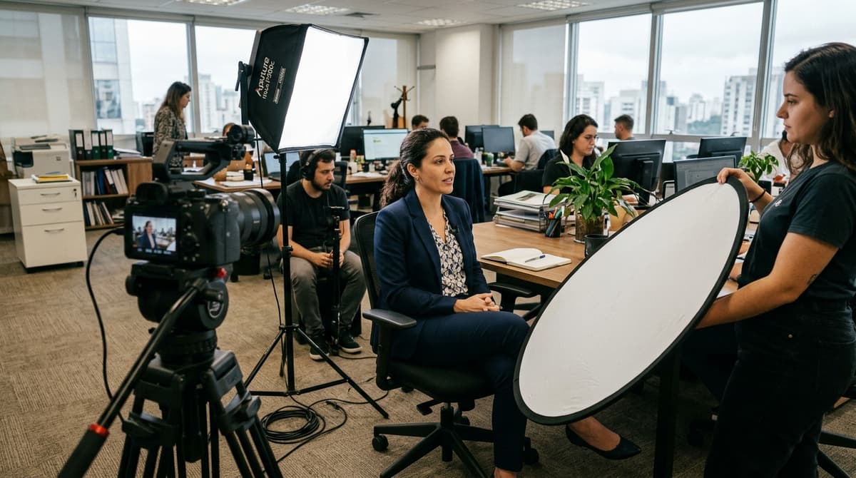 Set de gravação em empresa brasileira mostrando painel de LED como luz principal de um lado e refletor branco rebatendo luz do lado oposto sobre a entrevistada