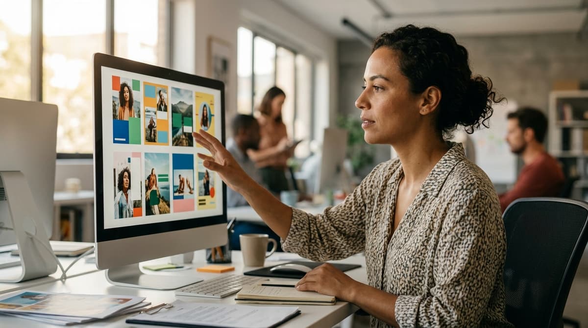 Profissional de marketing brasileiro revisando criativos de anúncio gerados por IA em monitor de escritório