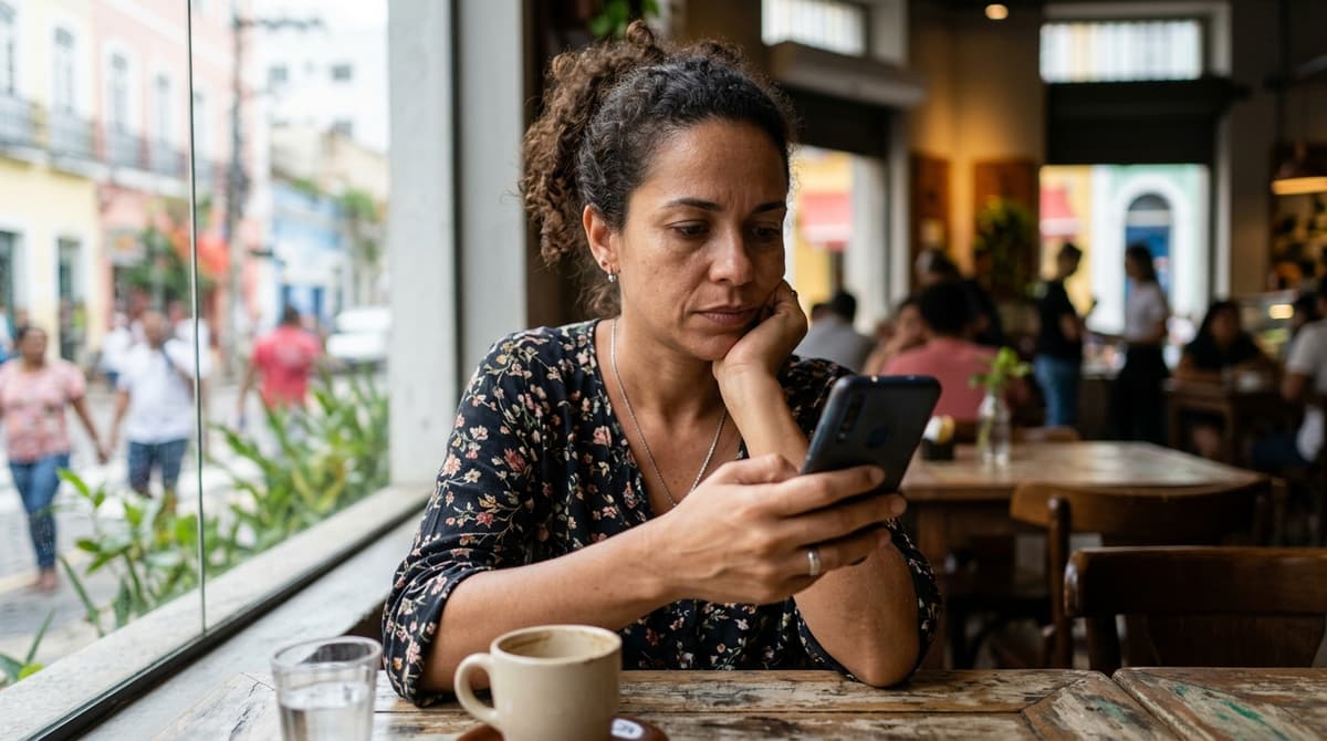 Consumidora brasileira pesquisando produto no celular com resultados de busca assistida por IA na tela
