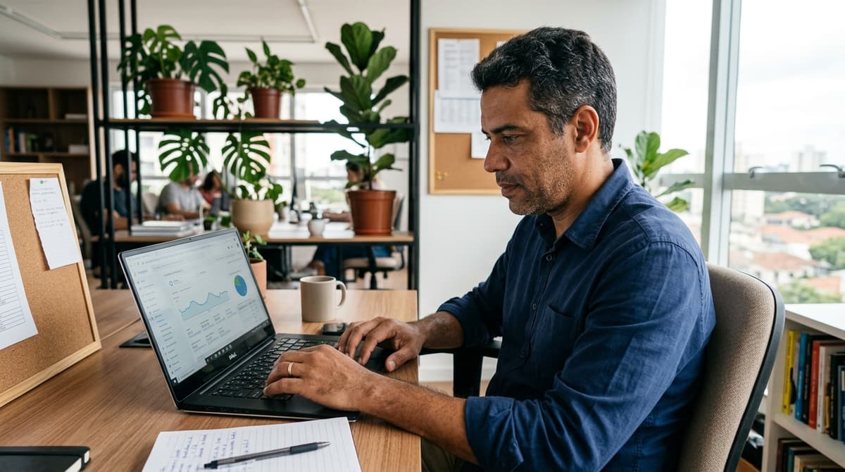 Dono de pequena empresa brasileira analisando painel de campanha de marketing com IA no notebook em escritório
