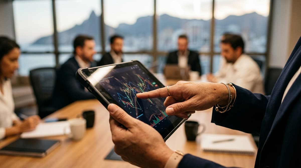 Mão apontando para um gráfico de desempenho em um tablet durante reunião de marketing