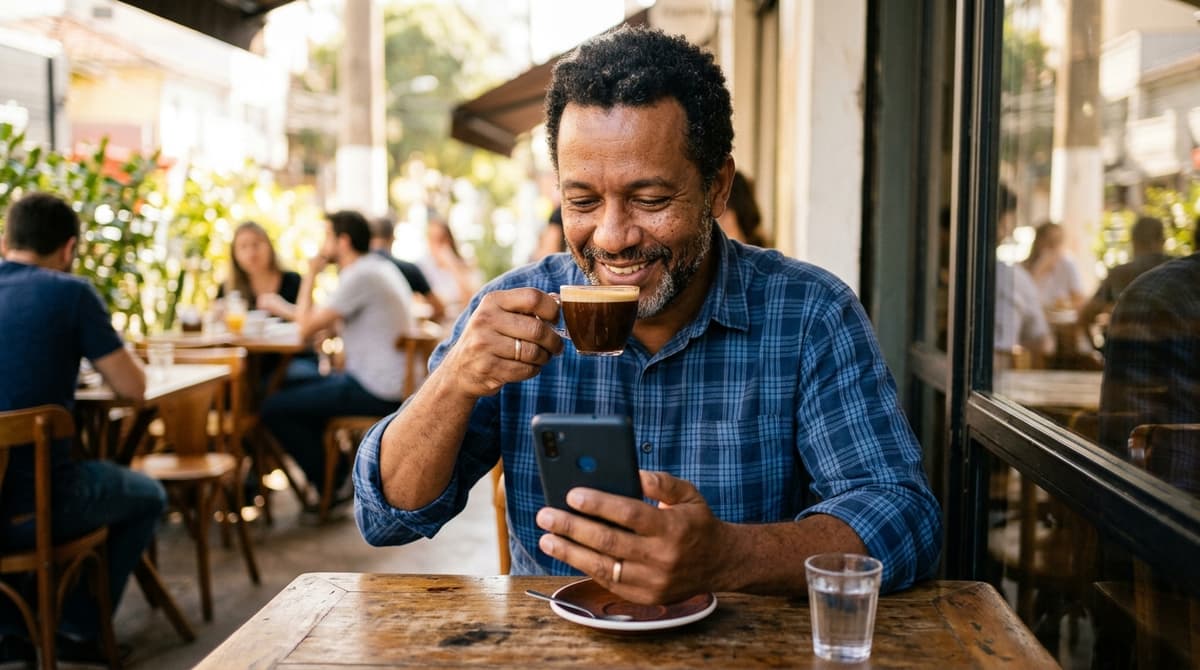 Dono de pequena empresa abrindo uma landing page no celular enquanto toma café, com a página carregando rapidamente.