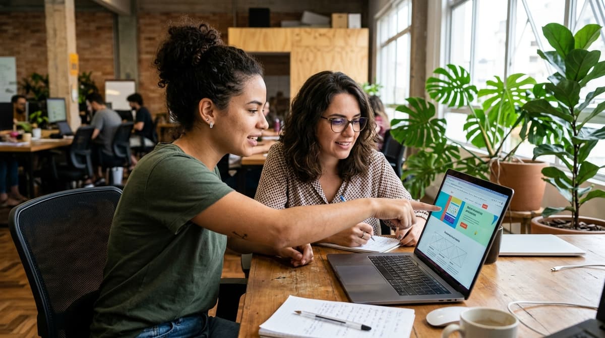 Designer e redator de uma agência brasileira revisando juntos o layout de uma landing page em um notebook.