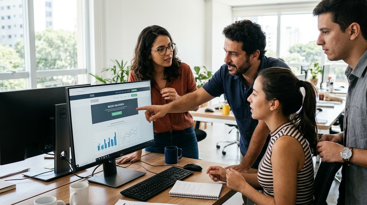 Equipe de uma pequena empresa brasileira analisando o desempenho de uma landing page em uma tela de computador.