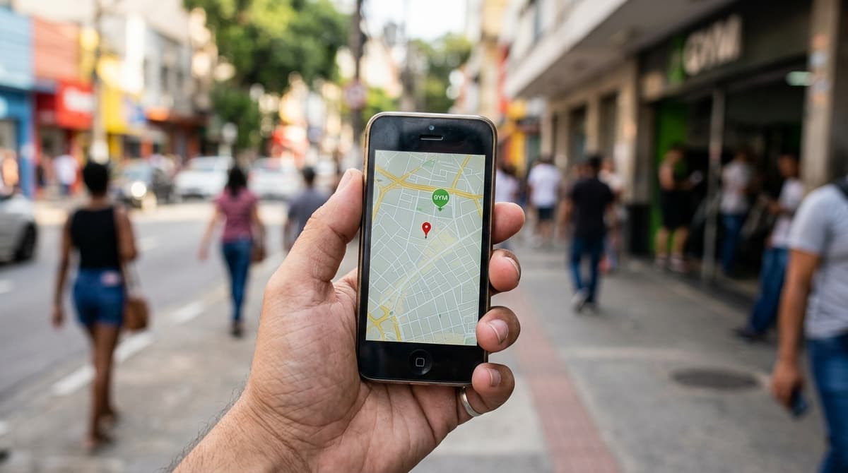 Tela de celular mostrando a busca por academia no Google Maps com perfil de uma academia