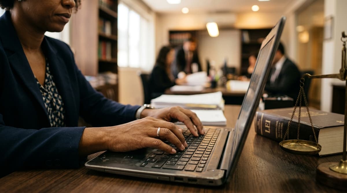 Mãos de advogado digitando em notebook ao lado de balança da justiça sobre a mesa do escritório