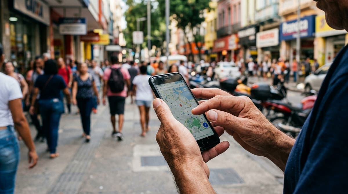 Pessoa usando smartphone para pesquisar advogado no mapa do Google em uma rua de cidade brasileira
