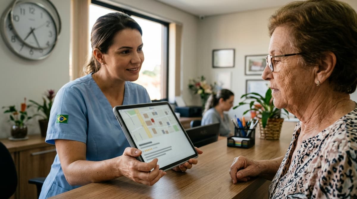 Dentista mostrando o perfil do consultório no Google Maps na tela de um tablet para a paciente