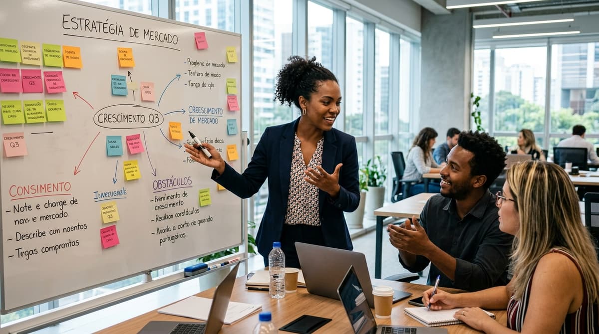 Dona de pequena empresa brasileira organizando estratégia de marketing em quadro branco com a equipe