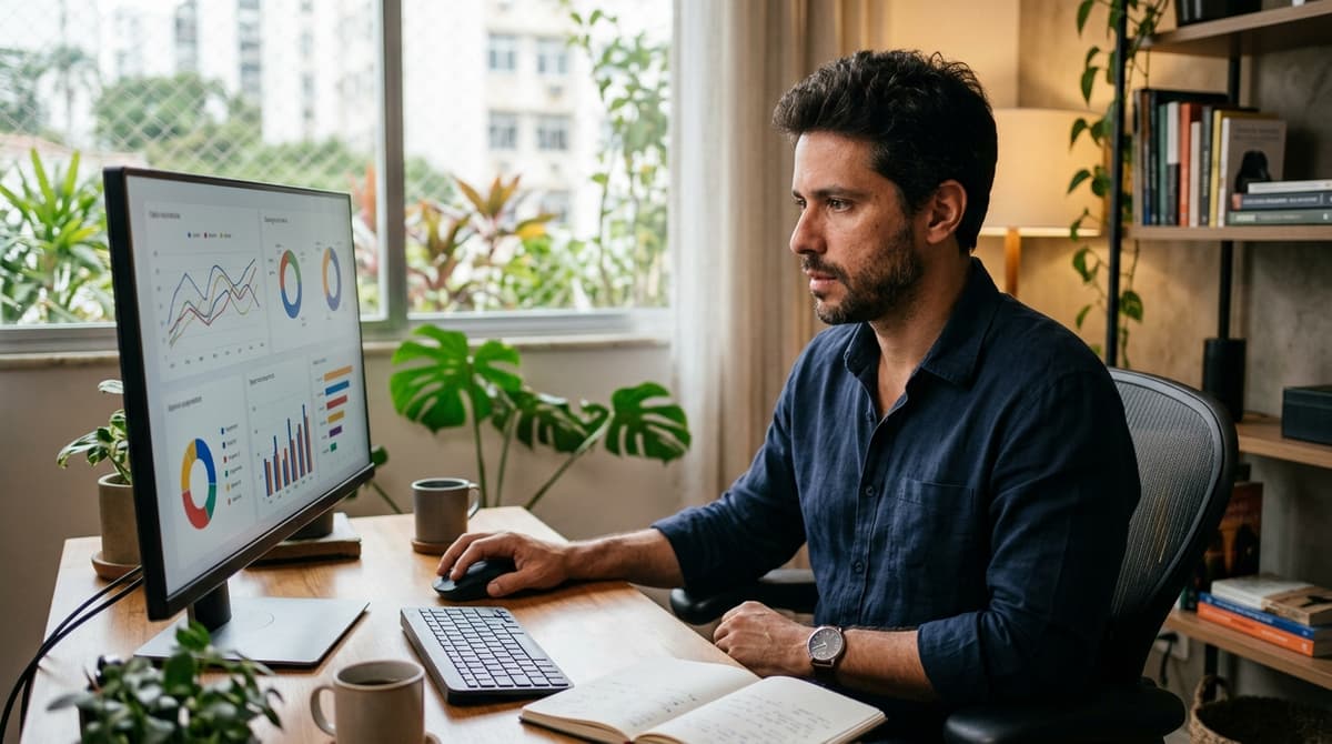 Empreendedor brasileiro analisando métricas de campanha de marketing digital em tela de computador