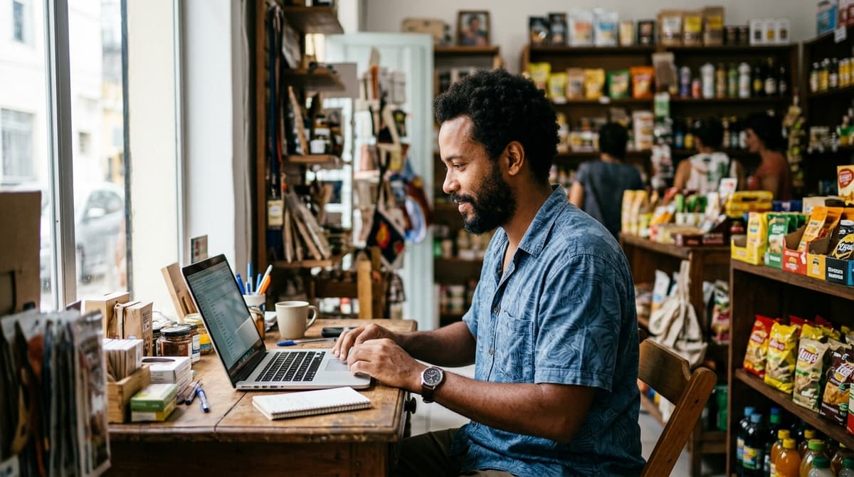 Dono de pequena empresa brasileira planejando marketing digital no notebook dentro da sua loja