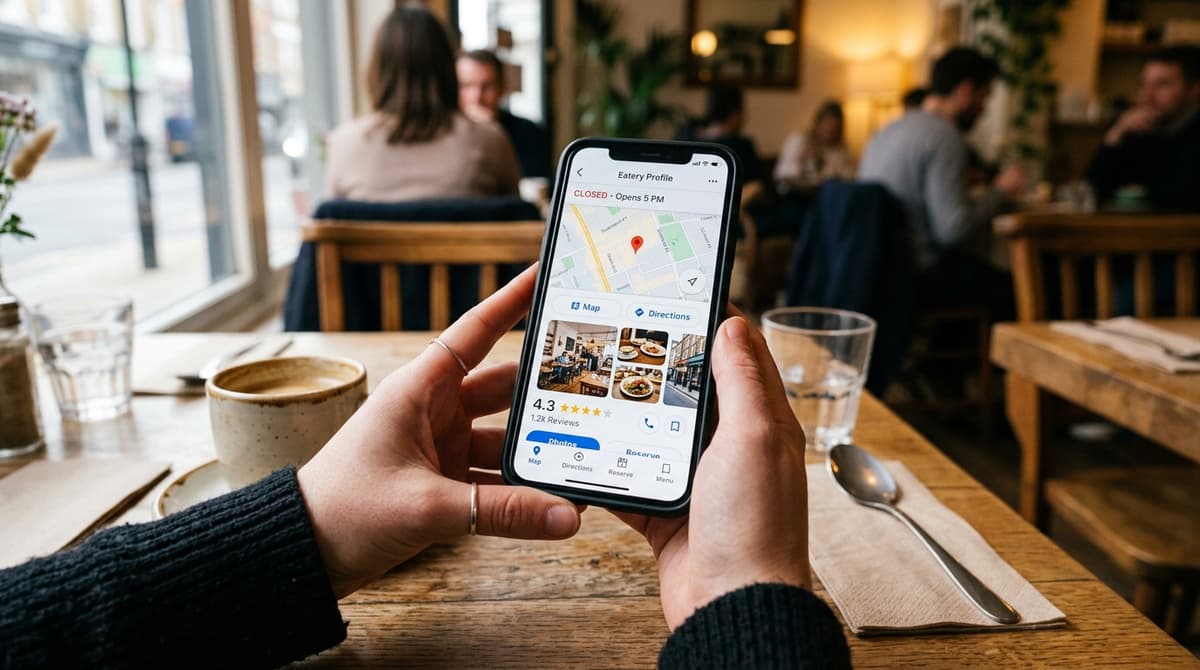 Cliente segurando smartphone que mostra o perfil de um restaurante no Google Maps, com fotos e avaliações