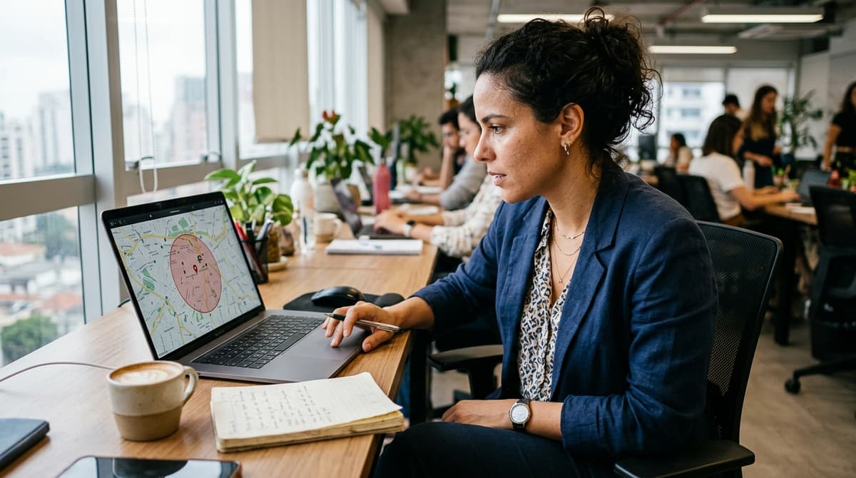 Gestor de marketing analisando em um notebook um mapa com raio de segmentação de anúncios ao redor de um restaurante