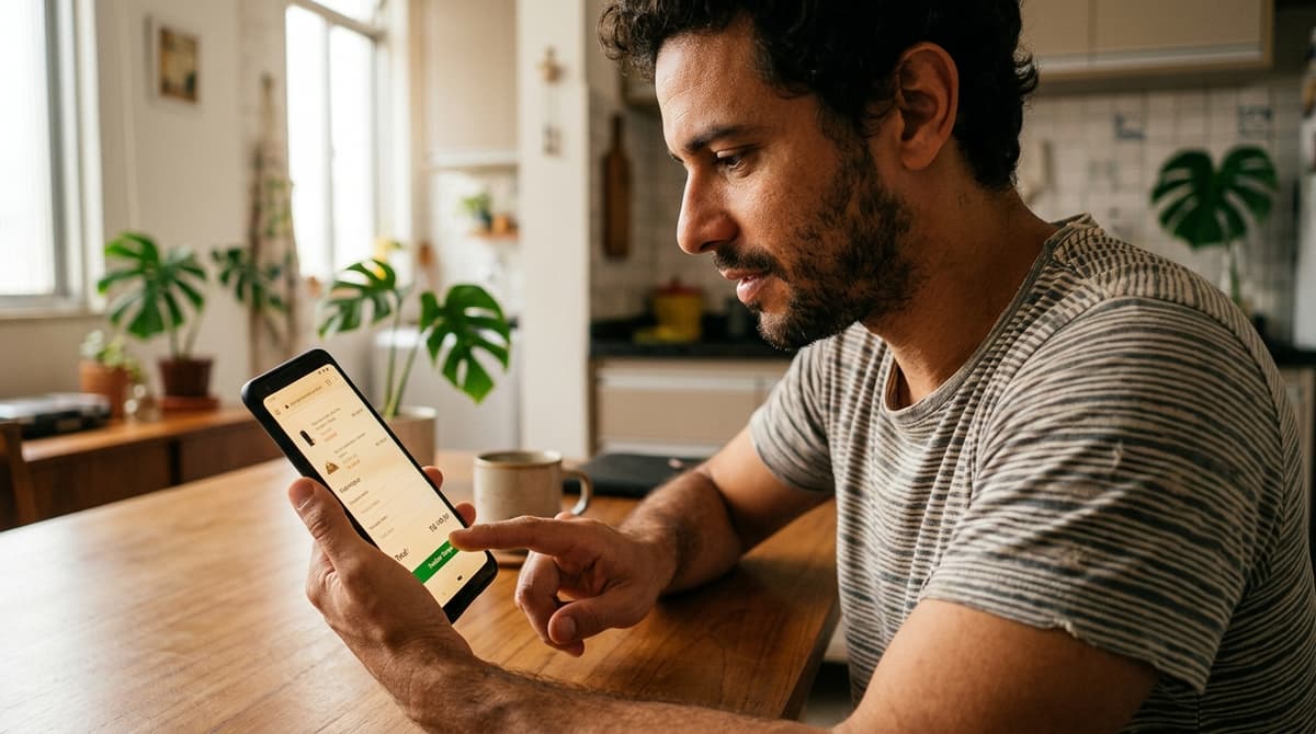 Cliente brasileiro finalizando compra em loja virtual pelo celular com checkout rápido