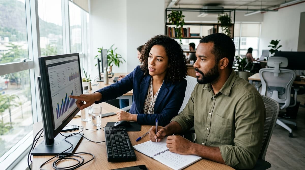 Equipe de marketing brasileira analisando dados de desempenho de loja virtual em monitor
