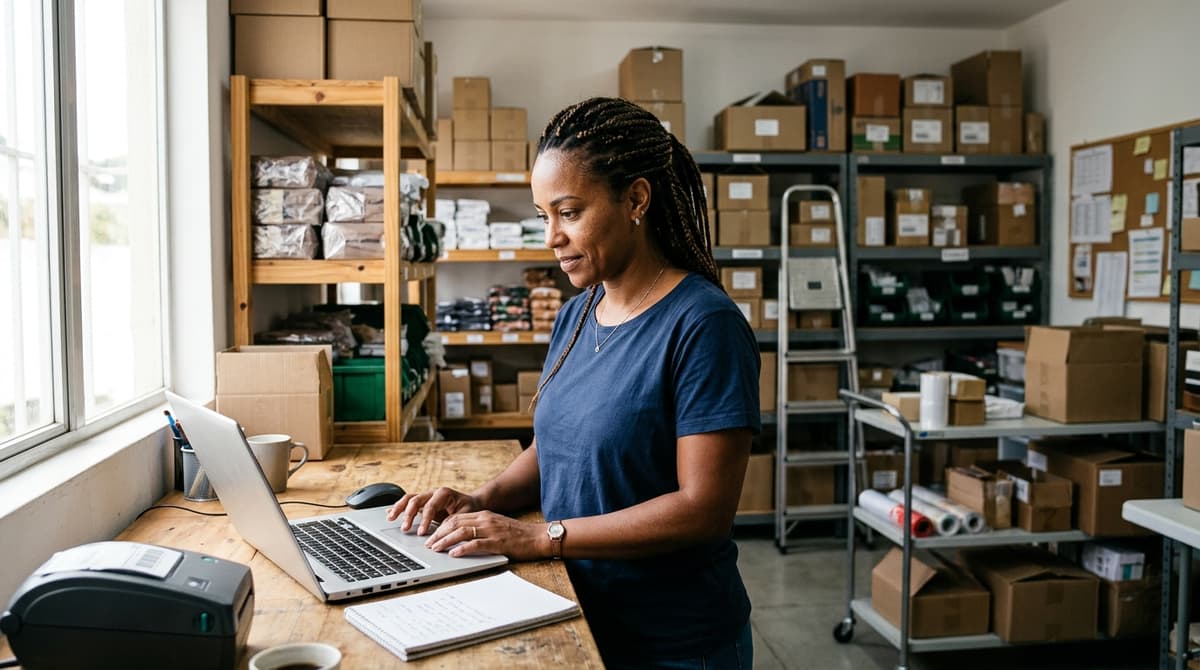 Dono de pequeno e-commerce brasileiro conferindo pedidos no notebook em estoque organizado