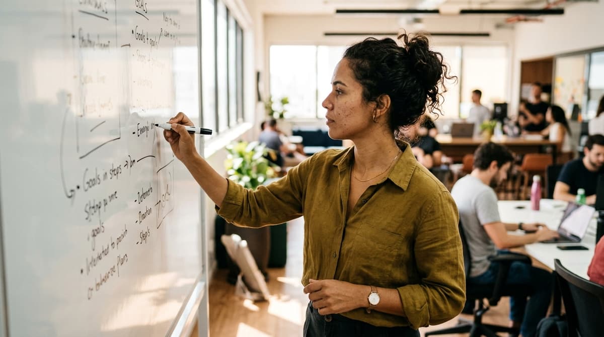 Empreendedora brasileira escrevendo objetivos e etapas de um plano de marketing em um quadro branco