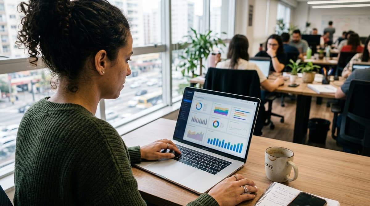 Profissional analisando painel de métricas de campanhas digitais em um notebook em escritório brasileiro
