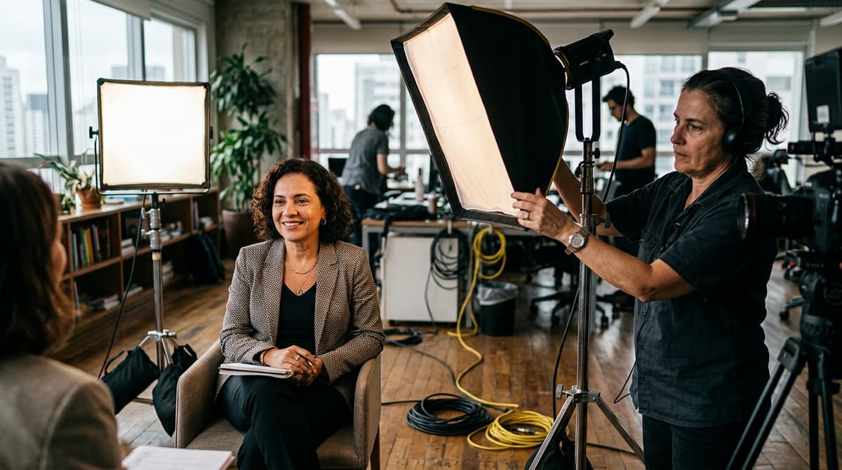 Diretor de fotografia ajustando luz principal e luz de preenchimento sobre entrevistado durante gravação de vídeo corporativo