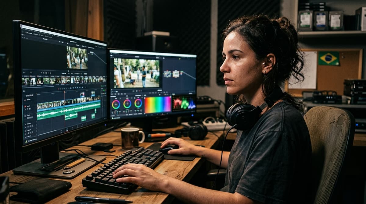 Editor de vídeo profissional trabalhando em software de edição com timeline e correção de cor em estúdio de produção brasileiro
