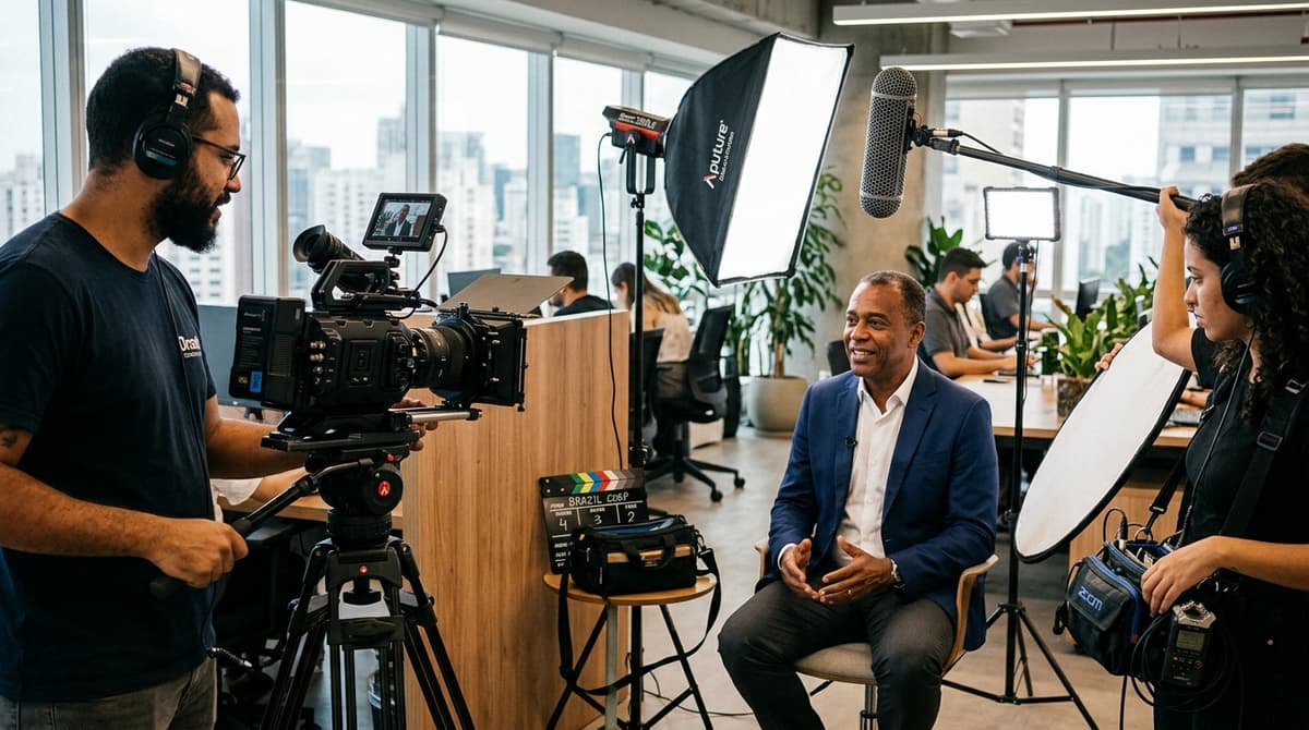 Equipe de produção audiovisual gravando vídeo empresarial com câmera, refletores e rebatedores em escritório moderno brasileiro
