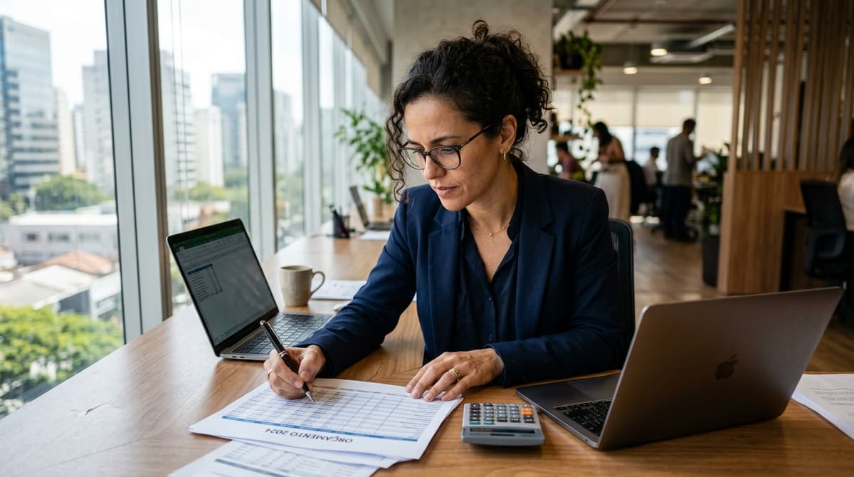 Empresária brasileira revisando planilha de orçamento de marketing ao lado de calculadora e notebook