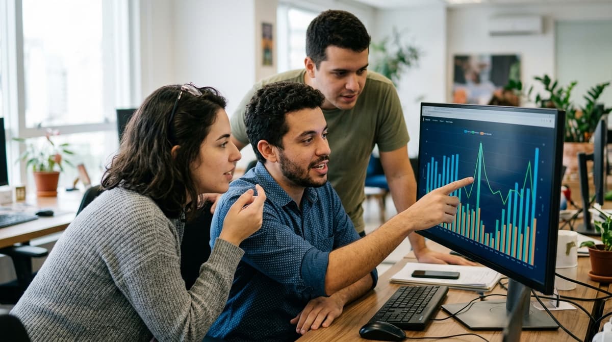 Equipe de agência de marketing brasileira analisando gráficos de desempenho de campanhas em monitor