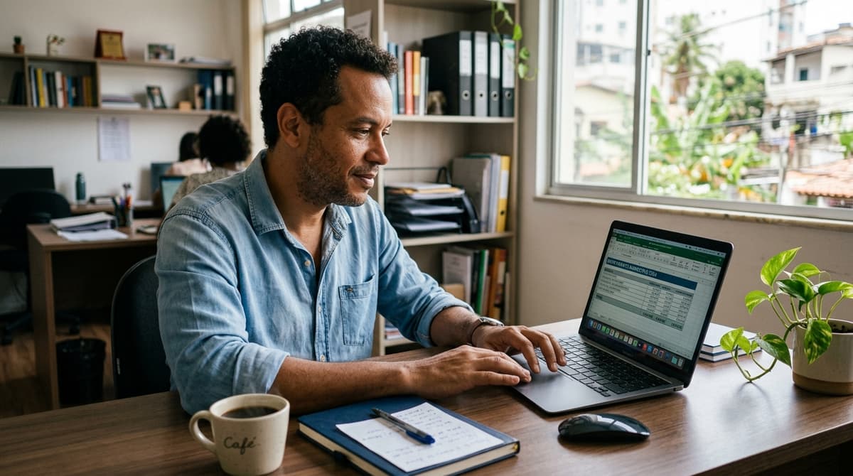 Dono de pequena empresa brasileira analisando orçamento de marketing em notebook sobre mesa de escritório