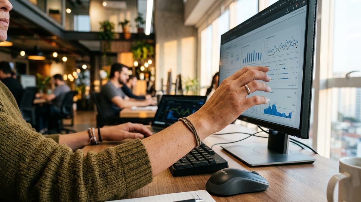 Gestor de tráfego ajustando a estratégia de lances de uma campanha em um monitor