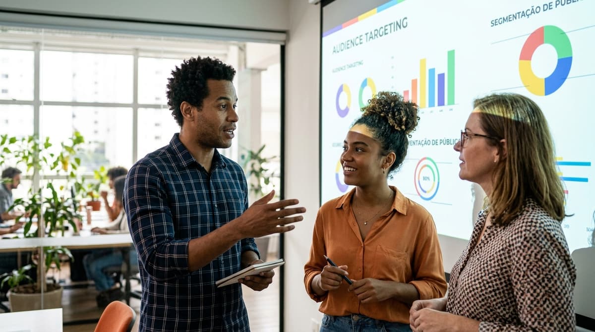 Equipe de marketing de uma pequena empresa discutindo segmentação de público em frente a uma tela com gráficos