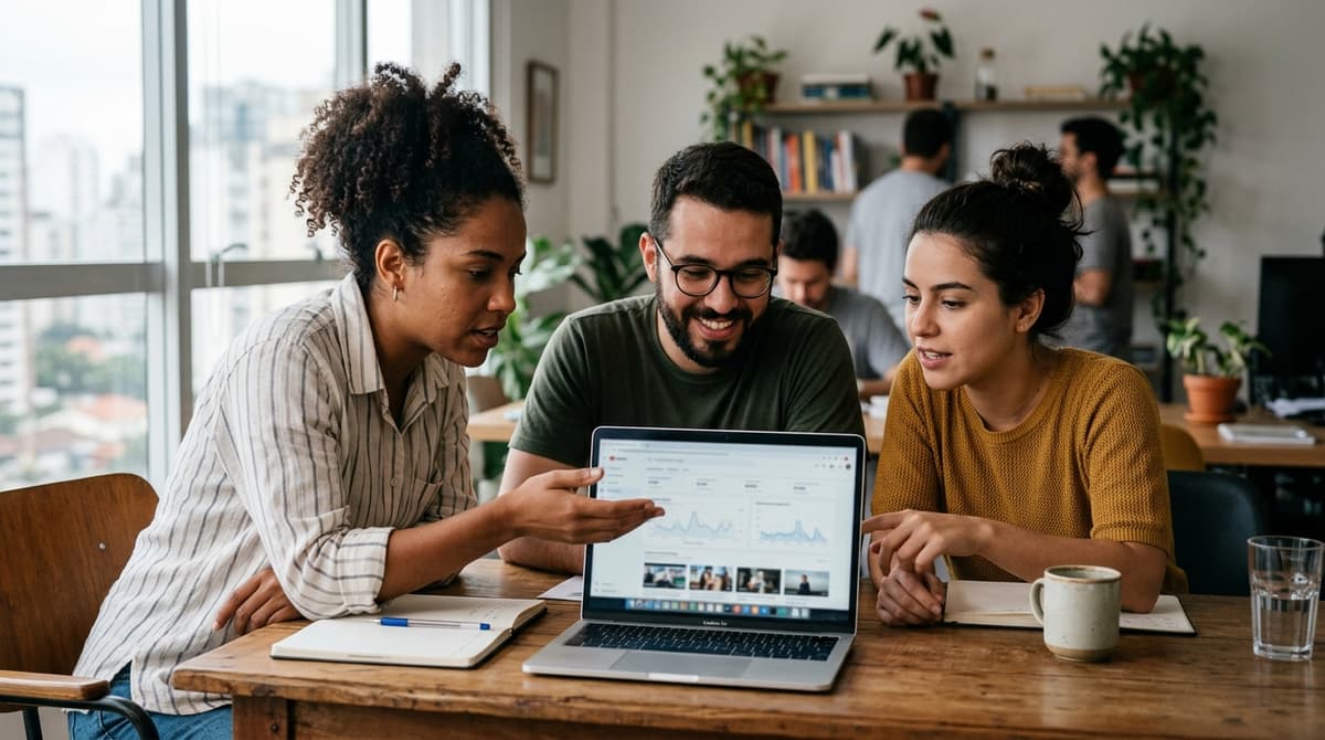 Equipe de pequena empresa reunida em mesa analisando o desempenho de vídeos no notebook