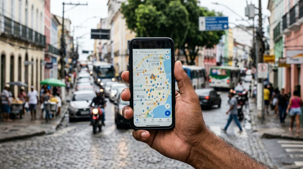 Tela de celular mostrando resultado de busca local no Google Maps com empresas de uma cidade brasileira
