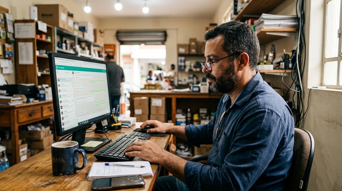 Comerciante respondendo avaliações de clientes no computador em uma pequena empresa brasileira